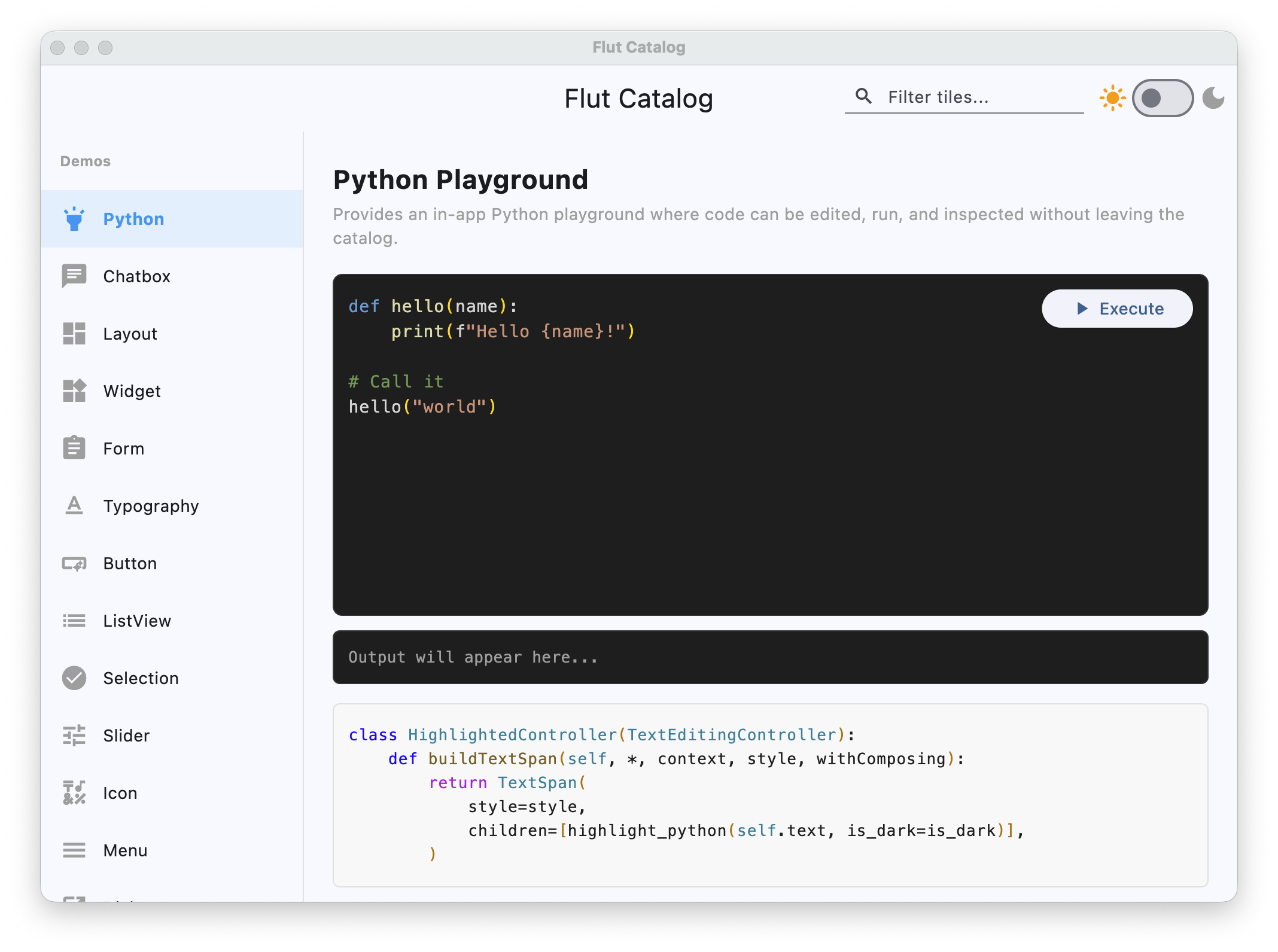 The Flut Catalog desktop app, showing its Python playground and Flutter widget examples